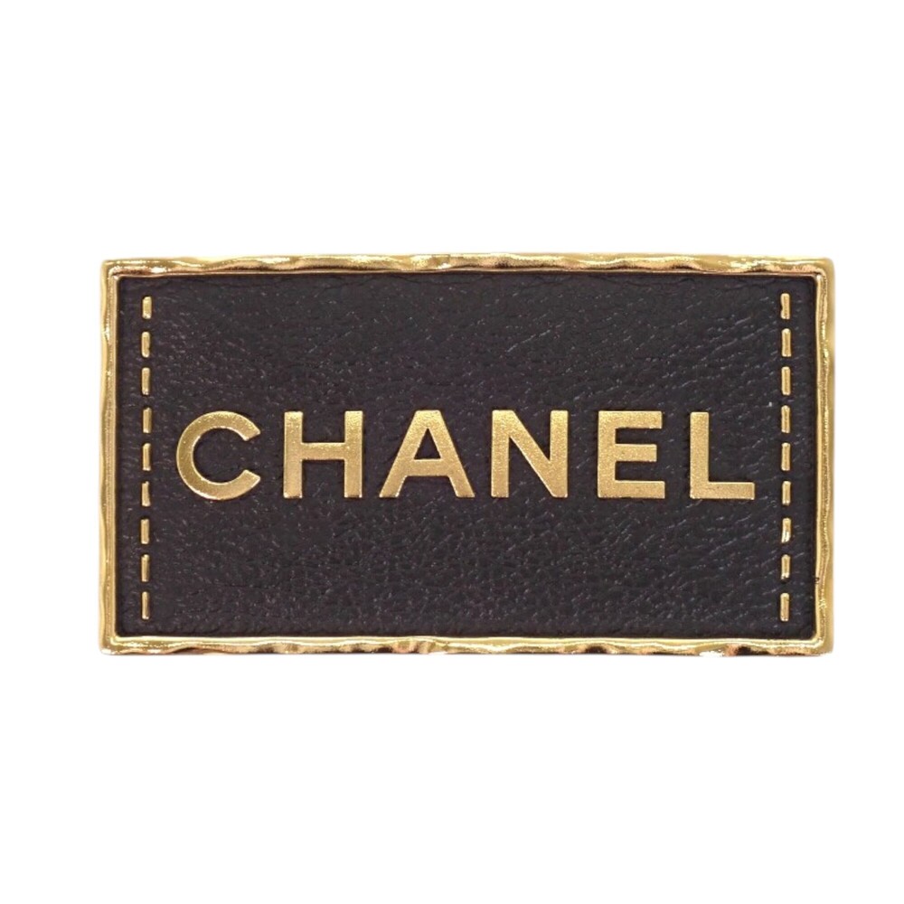 Pre-Loved Chanel Gold Plated and Leather Logo Plate Pin Brooch